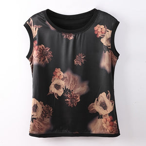 Women Silk Blouse Chiffon Tops Elegant Sleeveless Print Womens Blouses Silk Summer Floral Plus Size O Neck Woman Satin Blouses