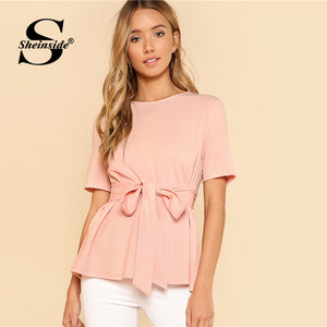 Sheinside Self Belt Keyhole Back Blouse Solid Short Sleeve Top 2018 Summer Women Office Ladies Work Elegant Blouse