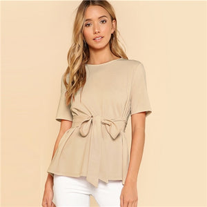 Sheinside Self Belt Keyhole Back Blouse Solid Short Sleeve Top 2018 Summer Women Office Ladies Work Elegant Blouse