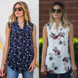 Women Vintage Floral V-neck Tunic Tops Loose Tops Shirt Size Women Casual Print Chiffon Sleeveless Blouses Summer Clothing