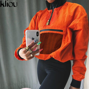 Kliou Long Sleeve Mesh Pocket Patchwork Collar Zipper T shirt 2018 Summer Autumn Women Fashion Loose Casual Female Sweatshirt