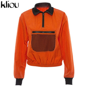 Kliou Long Sleeve Mesh Pocket Patchwork Collar Zipper T shirt 2018 Summer Autumn Women Fashion Loose Casual Female Sweatshirt