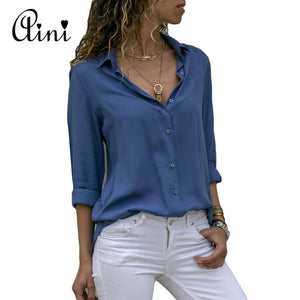 Plus Size Women Tops and Blouses 2018 Autumn Elegant Long Sleeve Solid V-neck OL Chiffon Blouse Female Work Wear Shirts Blouse