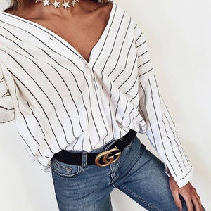 Women Loose Button Striped Shirts Casual Summer V neck Autumn Batwing Sleeves Blouse 3/4 Sleeved Beach Tops Clothing