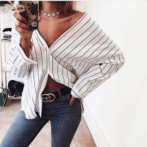 Women Loose Button Striped Shirts Casual Summer V neck Autumn Batwing Sleeves Blouse 3/4 Sleeved Beach Tops Clothing