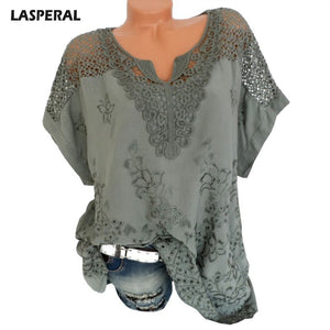 LASPERAL  Casual Loose Blusa Plus Size 5xl Floral Print Women Blouse Summer Short Sleeve Hollow Tunic 2018 Summer Women Tops