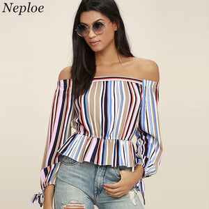 Neploe New European Blouse 2018 Fashion Backless Tops Women Long Sleeve Off Shoulder Shirt Elegant Striped Pleated Blouses 33649