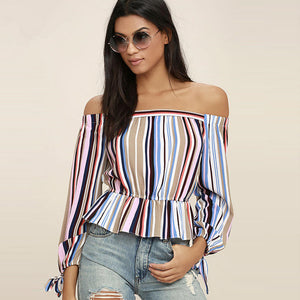 Neploe New European Blouse 2018 Fashion Backless Tops Women Long Sleeve Off Shoulder Shirt Elegant Striped Pleated Blouses 33649