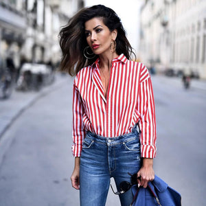 New Chic Office Ladies Red Striped Blouse Turn-down collar button Streetwear fashion shirts