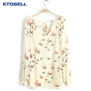 Fashion Women's Chiffon Blouse Tops 2018 Summer Long Sleeve V-Neck Dove Printed Casual Loose Shirt Female Stylish Blusas