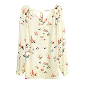 Fashion Women's Chiffon Blouse Tops 2018 Summer Long Sleeve V-Neck Dove Printed Casual Loose Shirt Female Stylish Blusas