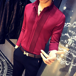 Free shipping wine red/white/black pleated front french style mens tuxedo shirts party/event shirts