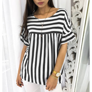 Summer Stripe Tops New Arrival Women Casual Short Sleeves Blouse Shirt O Neck Blouse Tops Female Clothing WS9097T