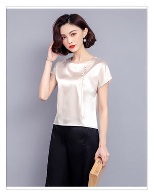 Women 2018 Summer Fashion Silk Short Sleeve Loose Shirts Office Ladies Basic Tops Female Solid Casual Big Size Blouse