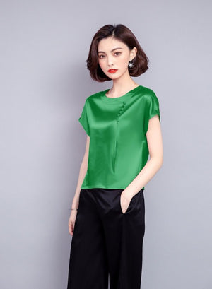 Women 2018 Summer Fashion Silk Short Sleeve Loose Shirts Office Ladies Basic Tops Female Solid Casual Big Size Blouse